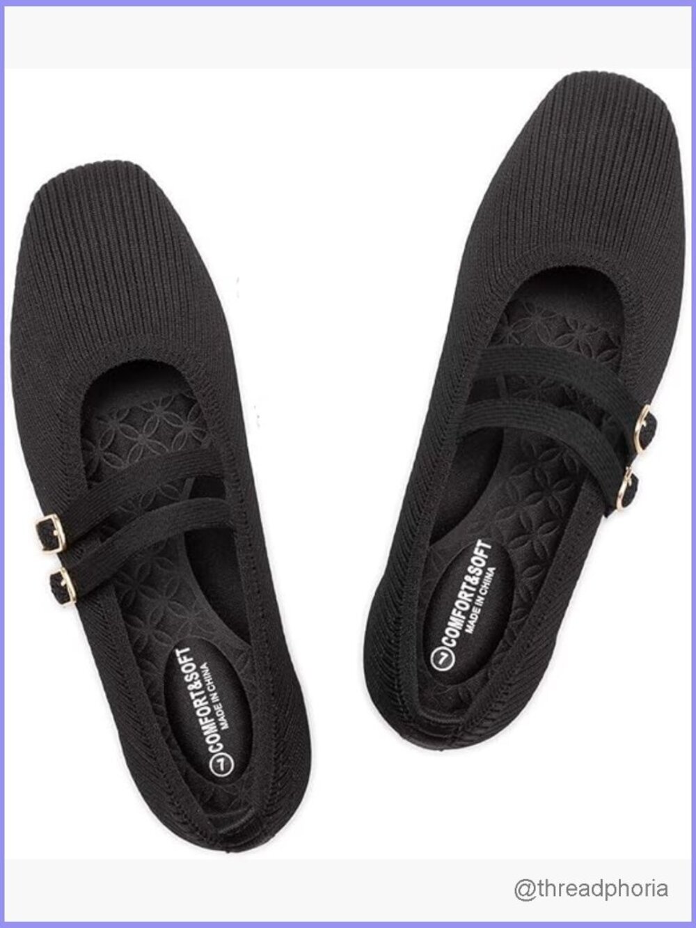 Women's Square Toe Mary Jane Flats with Strap - Knit Slip On Shoes